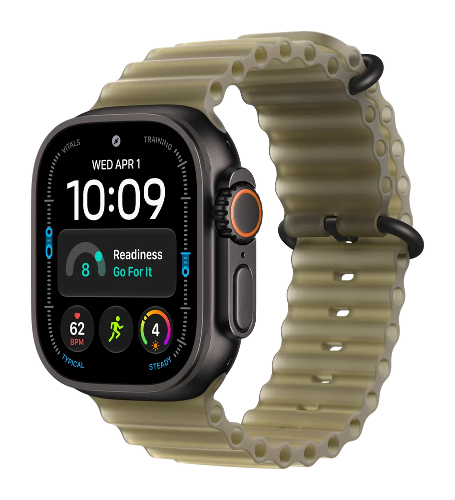 Apple Watch Ultra 4, Чёрный титан, Ocean Band, Полупрозрачный келп, Универсальный