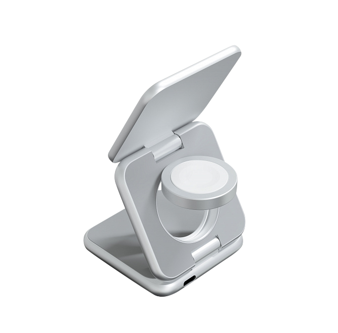 Складное беспроводное зарядное устройство Magssory Fold Pro 3 в 1, с магнитами, совместимое с Qi2, Серебро