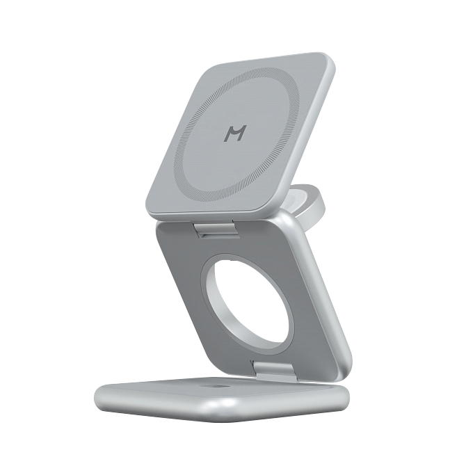 Складное беспроводное зарядное устройство Magssory Fold Pro 3 в 1, с магнитами, совместимое с Qi2, Серебро