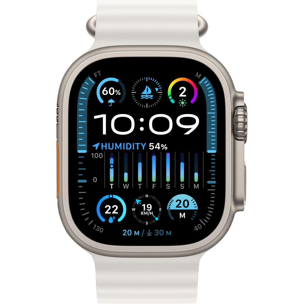 Часы Apple Watch Ultra 2, 49 мм, титан светлого цвета, ремешок Ocean белого цвета (2023)