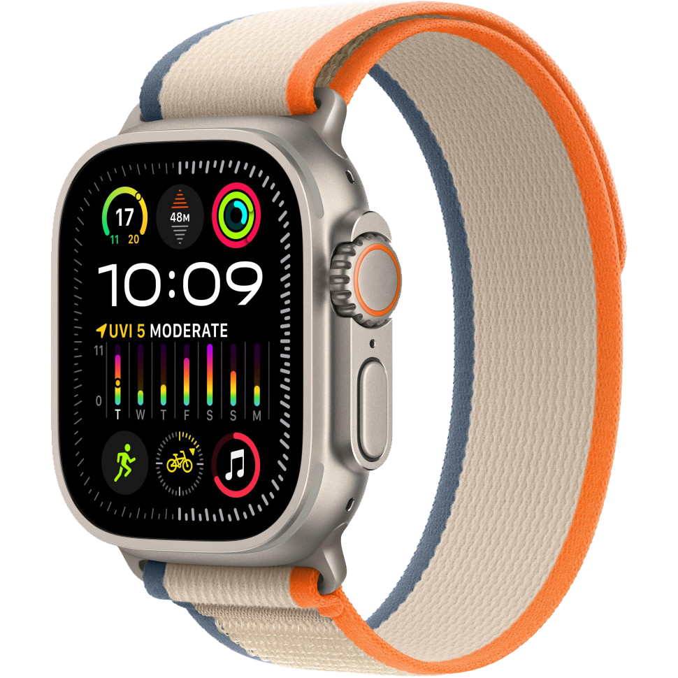 Часы Apple Watch Ultra 2, 49 мм, титан светлого цвета, ремешок Trail цвета «оранжевый/бежевый» (2023)