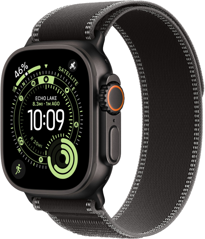 Часы Apple Watch Ultra 3, 49 мм, титан чёрного цвета, ремешок Trail цвета «чёрный/угольно-чёрный» (2025)