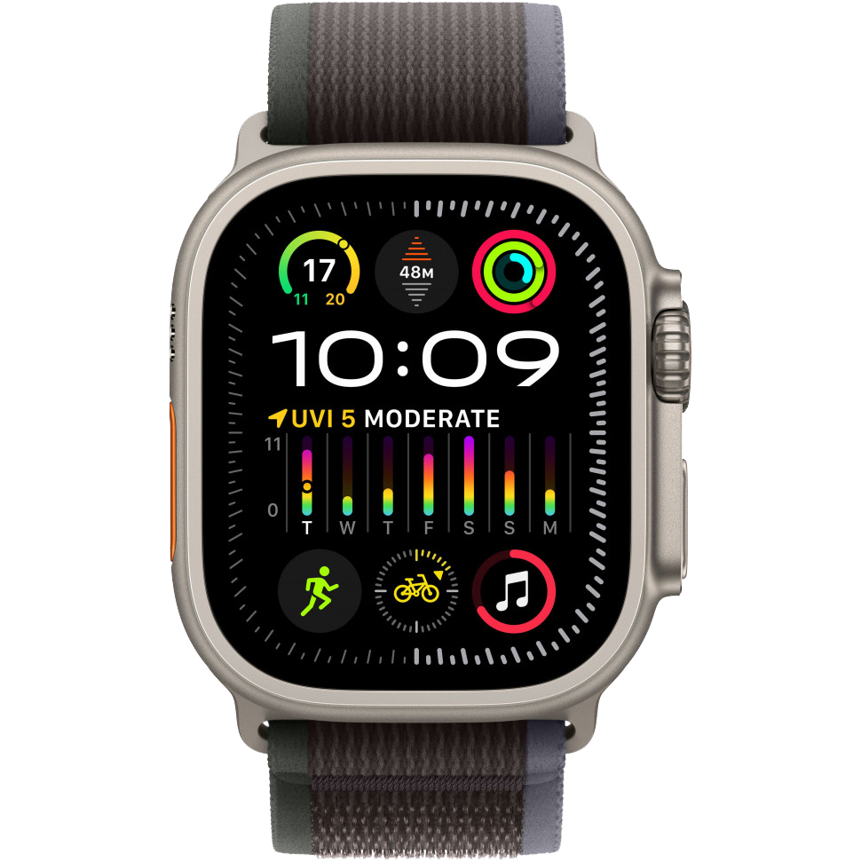 Часы Apple Watch Ultra 2, 49 мм, титан светлого цвета, ремешок Trail цвета «синий/чёрный» (2023)