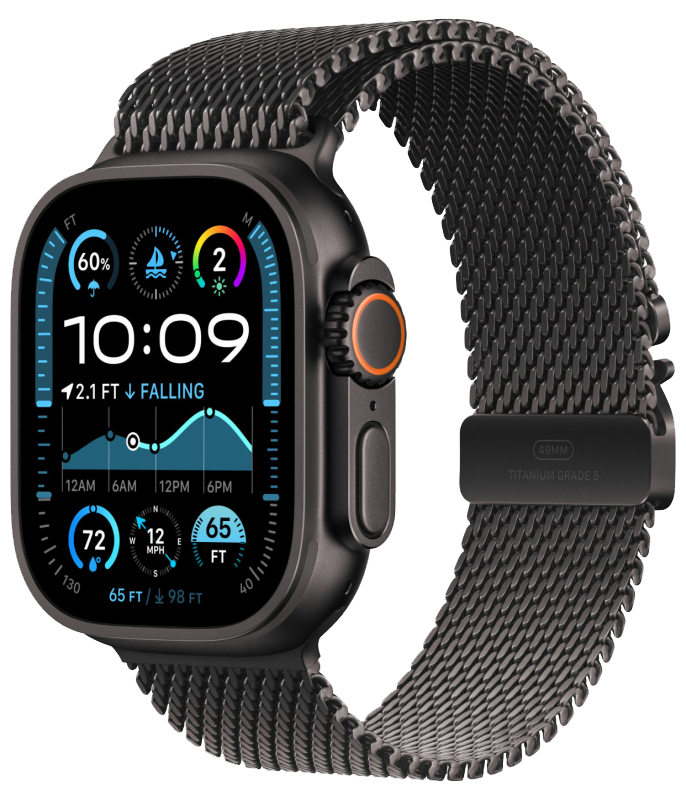 Часы Apple Watch Ultra 2, 49 мм, титан чёрного цвета, миланский сетчатый браслет (2024)