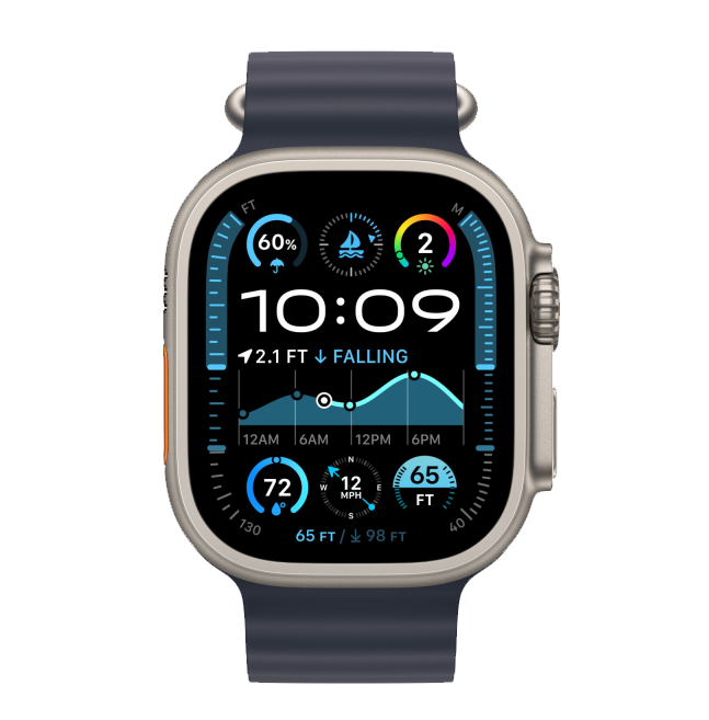 Часы Apple Watch Ultra 2, 49 мм, титан светлого цвета, ремешок Ocean тёмно-синего цвета (2024)