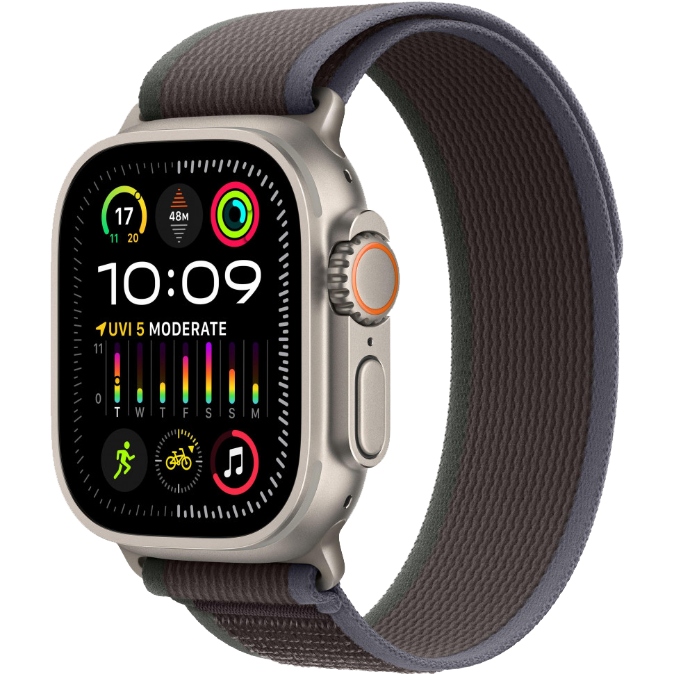 Часы Apple Watch Ultra 2, 49 мм, титан светлого цвета, ремешок Trail цвета «синий/чёрный» (2023)