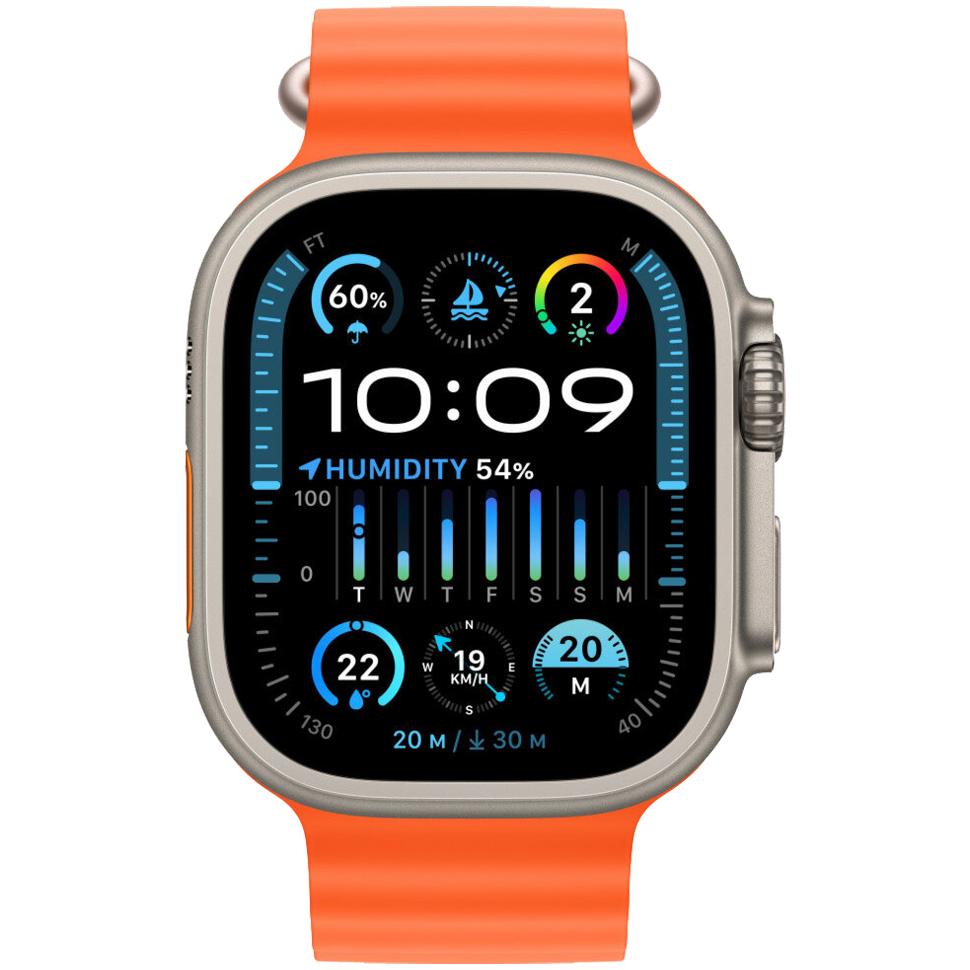 Часы Apple Watch Ultra 2, 49 мм, титан светлого цвета, ремешок Ocean оранжевого цвета (2023)