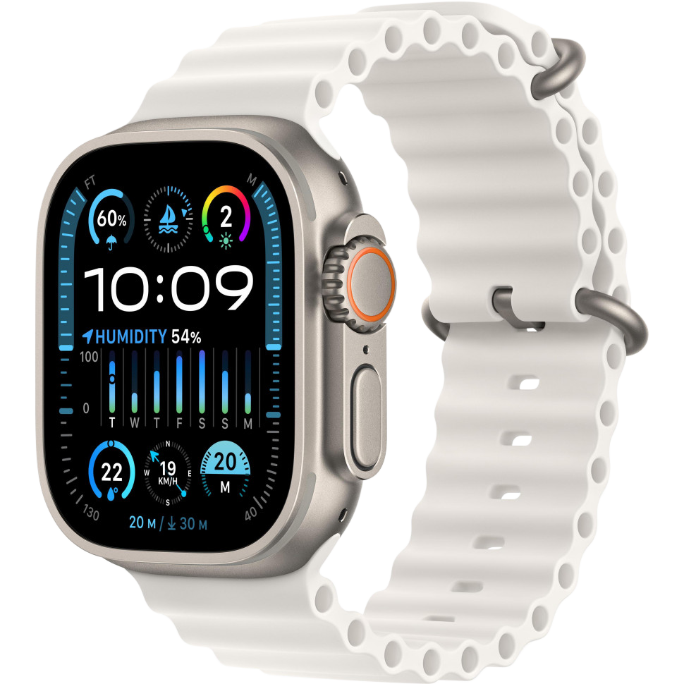 Часы Apple Watch Ultra 2, 49 мм, титан светлого цвета, ремешок Ocean белого цвета (2023)