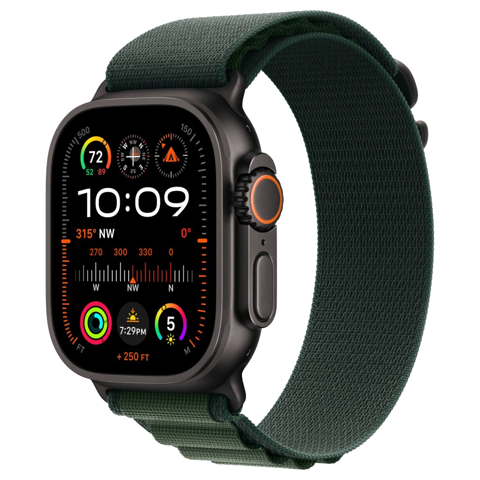 Часы Apple Watch Ultra 2, 49 мм, титан чёрного цвета, ремешок Alpine тёмно-зеленого цвета (2024)