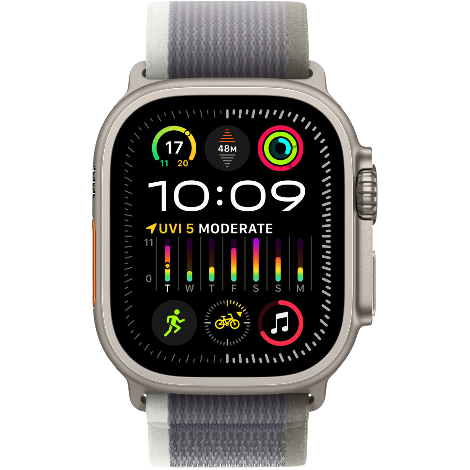Часы Apple Watch Ultra 2, 49 мм, титан светлого цвета, ремешок Trail цвета «зелёный/серый» (2023)