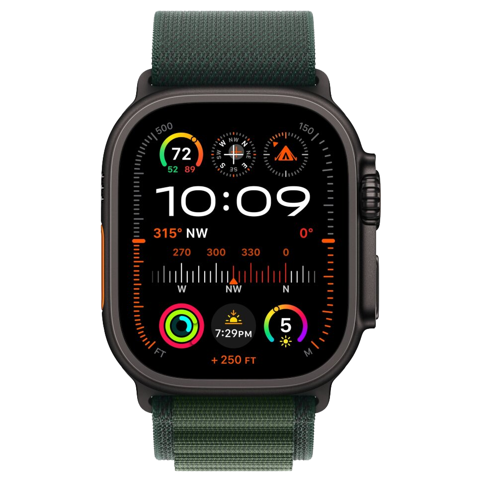 Часы Apple Watch Ultra 2, 49 мм, титан чёрного цвета, ремешок Alpine тёмно-зеленого цвета (2024)