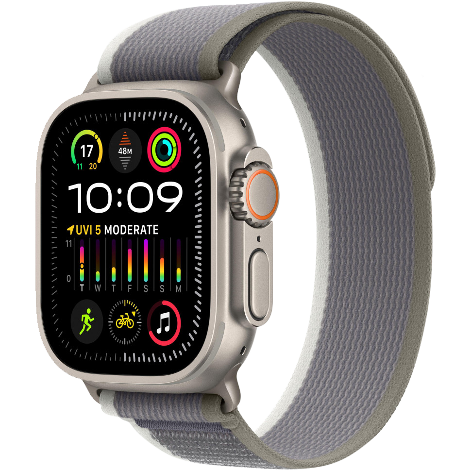 Часы Apple Watch Ultra 2, 49 мм, титан светлого цвета, ремешок Trail цвета «зелёный/серый» (2023)