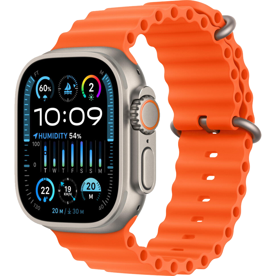 Часы Apple Watch Ultra 2, 49 мм, титан светлого цвета, ремешок Ocean оранжевого цвета (2023)